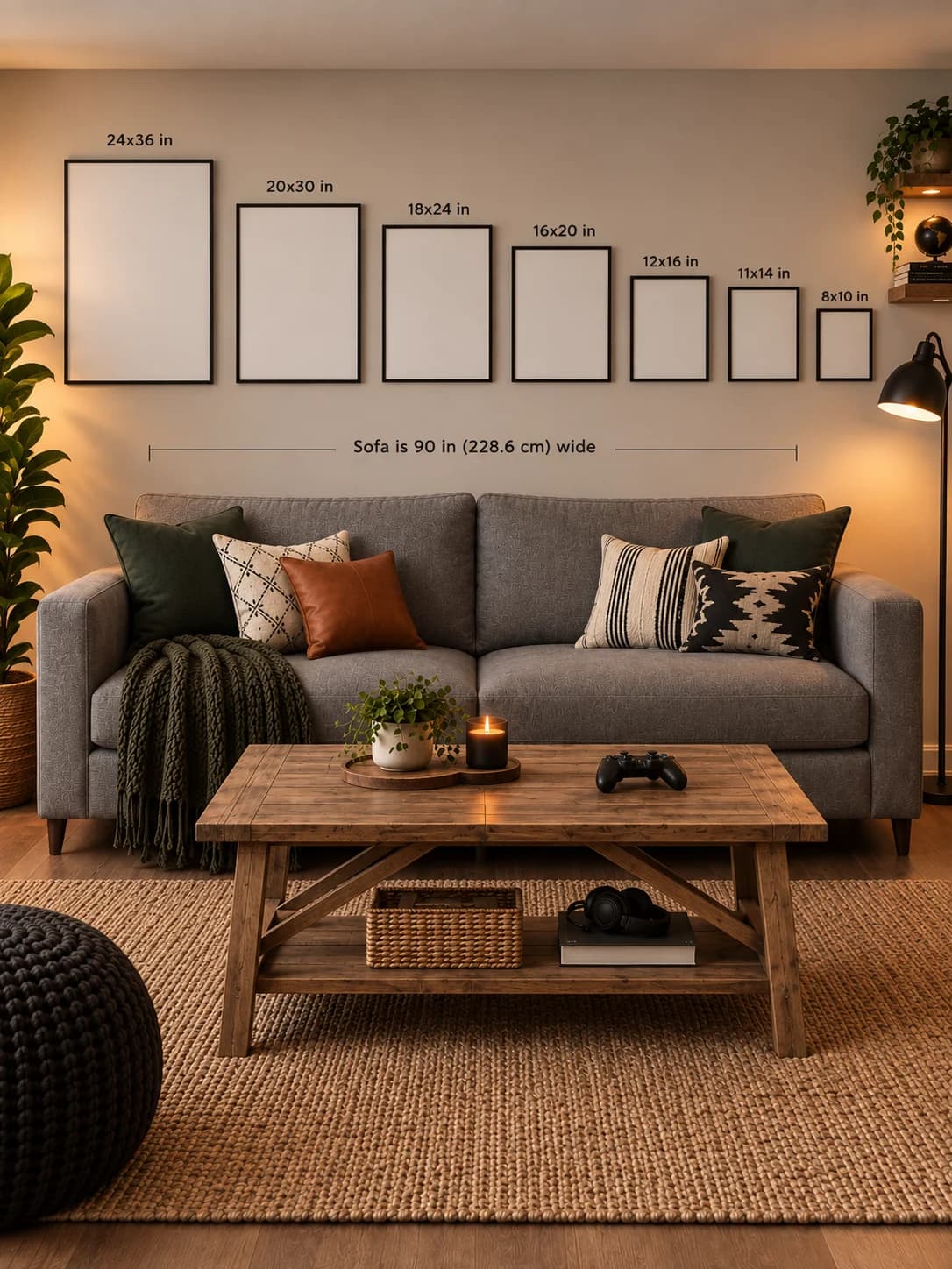 Size guide: seven print sizes from 8 by 10 to 24 by 36 inches, shown to scale on a wall above a 90 inch sofa
