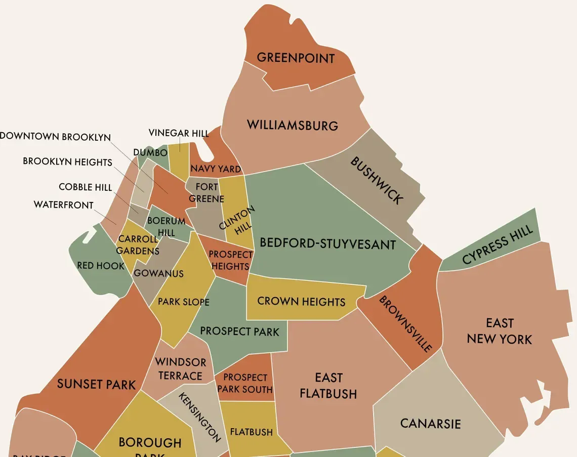 A detailed 'Brooklyn Neighborhood Map' wall art print displays the borough’s areas in warm, muted earth tones