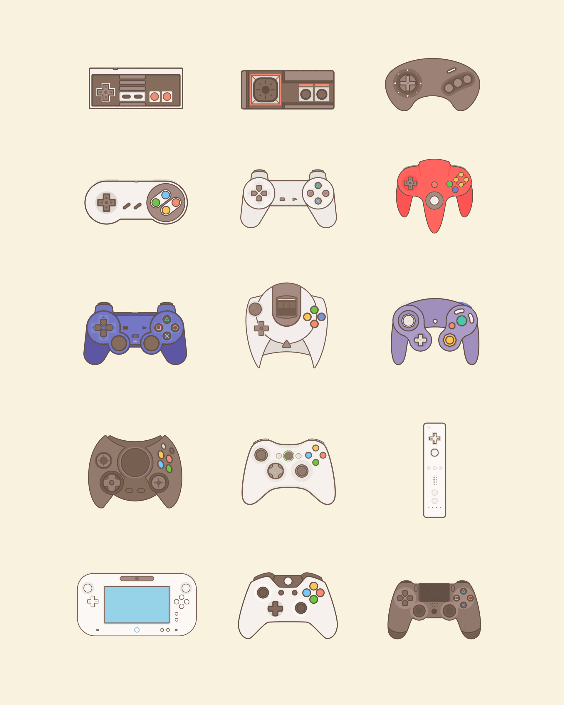 Retro Controllers wall art print, Beige colorway