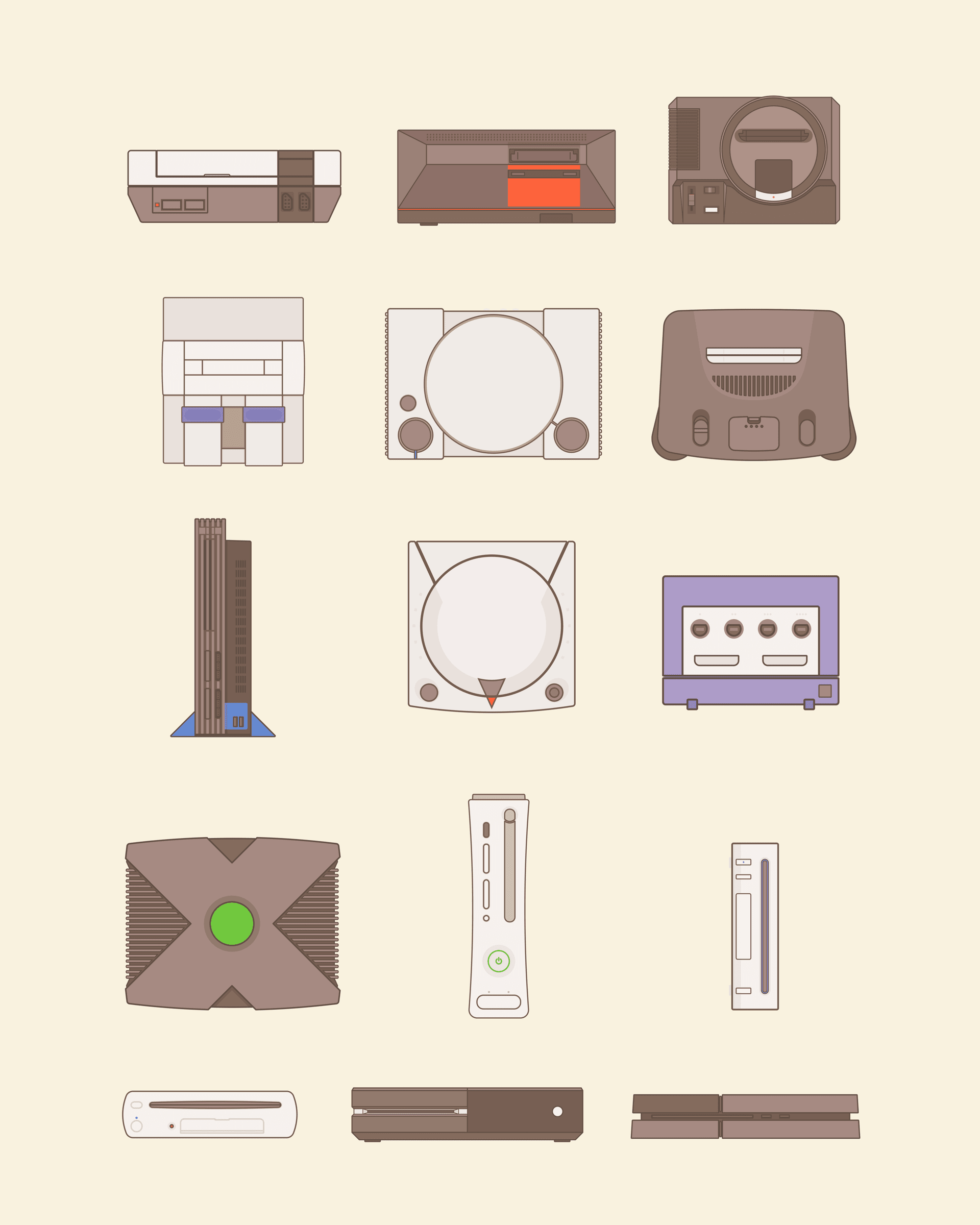 Retro Consoles video game wall art print displays a grid of illustrated vintage gaming systems