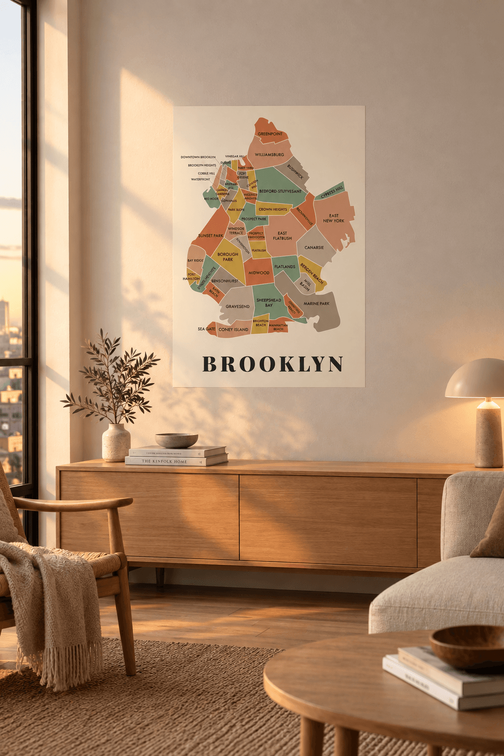 A colorful "Brooklyn Neighborhood Map" wall art print showing borough sections on a warm-toned wall in a cozy room